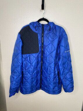 Columbia Mens Blue Hooded Quilted Jacket XL Water-Resistant Winter Coat Nylon